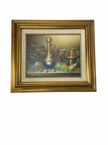 Gold framed still life painting w/ grapes, 12.5x14.5