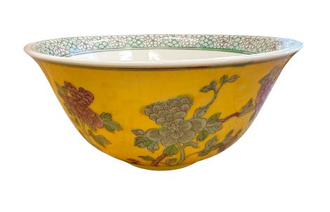 Handpainted yellow floral Asian bowl, 8" diam., 4" h