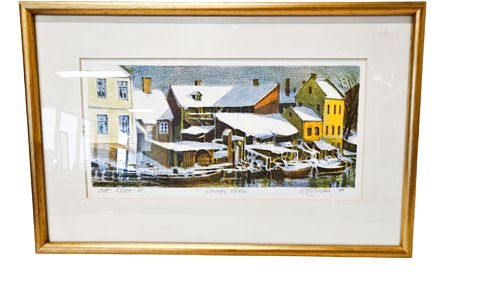 Framed Signed Print Winter Waterfront 8.5"Hx13"W