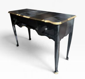 Black/gold French Provincial-style flip-top vanity desk, 30" h, 43" w, 17" d