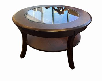 Round glass-top table w/ undershelf coffee table, 38" diam.