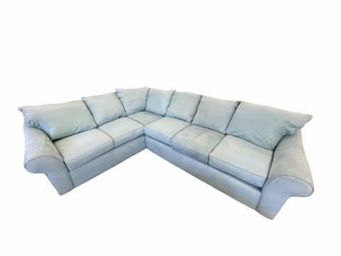 Klaussner suede-like blue sectional, 89x112x37H