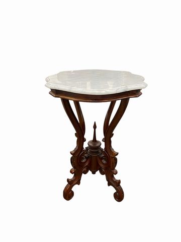Victorian-style marble top end table, 28H. 25.5W. 20.5D.