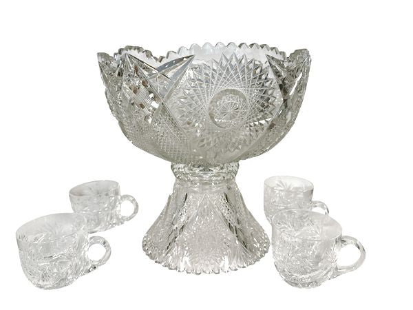 Antique Cut Crystal Punchbowl Set (4 glasses,10"d bowl)