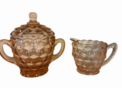 Peach Depression Glass creamer (3" h) & sugar bowl (5" h)