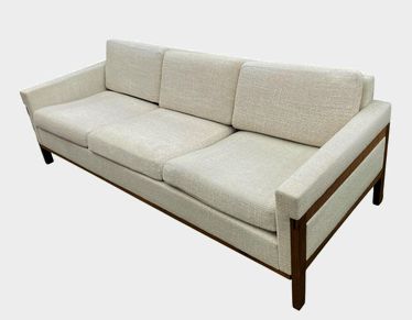 MCM teak & cream textured boucle upholstered sofa, 28.5H 79W 32.5D