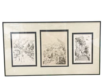 Framed printed triptych of German locales, 18.25" x 32.25"