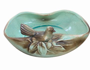 Vintage McCoy pottery bowl w/ bird, 10x8x3.25" h