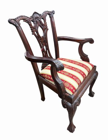 1950s Chippendale Revival mahogany armchair w/ red/yellow stripes, 38.25" h, 24"