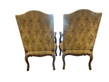 Pair of VTG French-style highback armchairs w/ tapestry-style upholstery