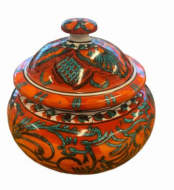 Signed Italian orange/teal lidded jar, 7" diam., 6.5" h