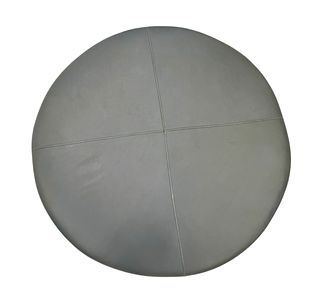 Round blue leather coffee table/ottoman w/wheels, 15.25H. 43D