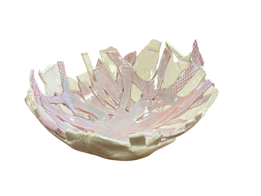 Pink/white handcrafted pottery bowl, 10" diam., 5.5" h