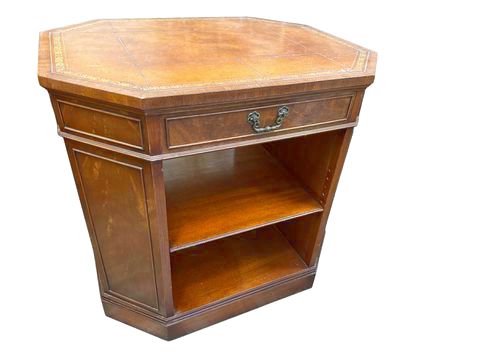 Octagonal library table w/ 1 drawer & tooled leather top, 30x24x27.25"