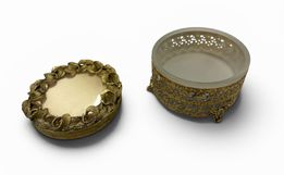 Vintage footed gold filigree over frosted glass powder puff box w/ foliate wreat