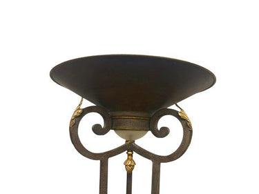 Single-light transitional patinated metal torchiere w/ goldtone acanthus leaf ac