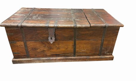 Vintage rustic wood chest w/ iron strapping/wine rack, 43.5xx21.5.17.5"