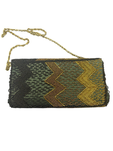 Gold/copper/black zigzag beaded evening bag, 4.75" h, 9" w, 1" d
