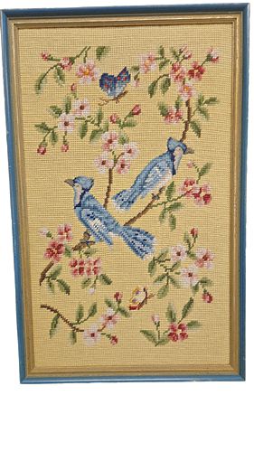 Vintage Needlepoint Bluejays on Yellow Ground 12"x13"