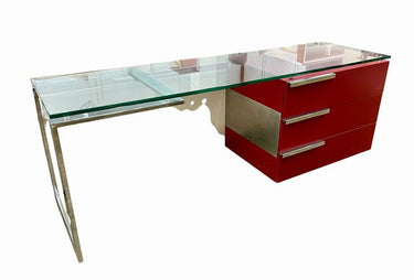 Bryan Ashley Glass, Chrome, & Red Painted Contemporary Desk