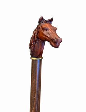Wood cane w/ horse head handle and brass tip, 36.5"