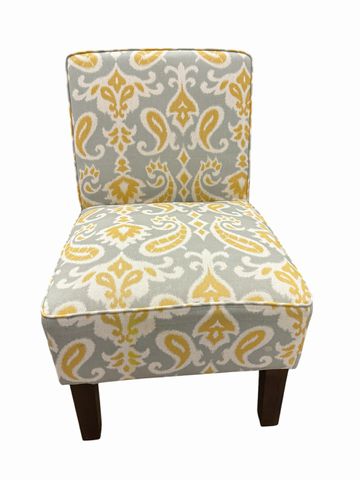 Gray/yellow Ikat print slipper chair, 22x20.5x33H