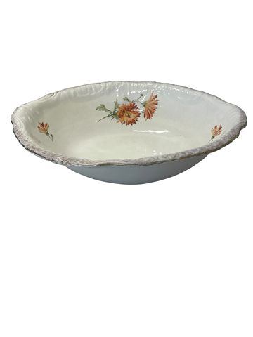 VTG white oval ceramic bowl w/ florals & gold trim, 18.5x14x5.25H