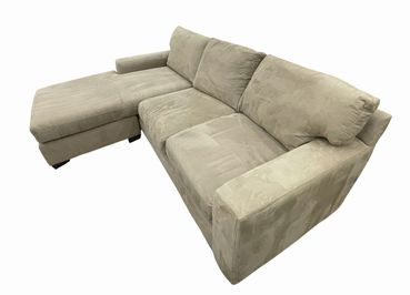 Tan microfiber sofa w/chaise & extra seat cushion, AS-IS, 36H 90W 38-70D
