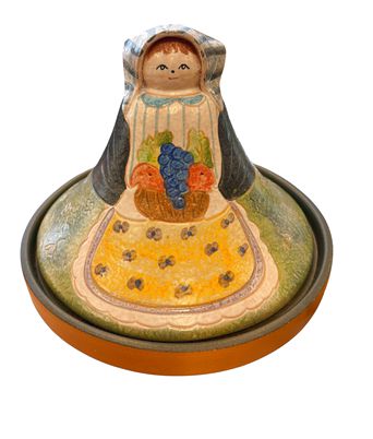 Moroccan figural pottery tagine, 11.5" diam., 8" h