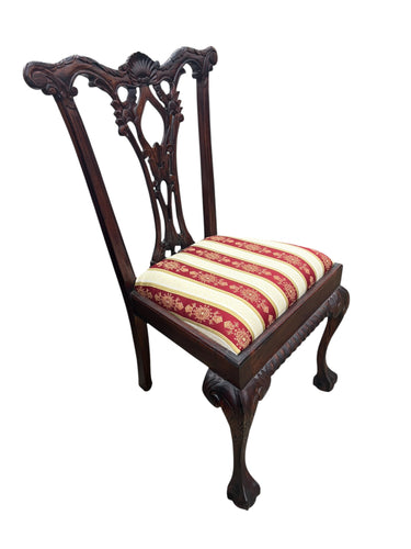 1950s Chippendale Revival mahogany side chair w/ red/yellow stripes, 39.25" h, 2
