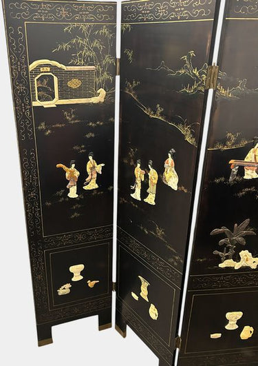 Vintage Chinese Black Lacquer & Mother of Pearl 4 Panel Screen