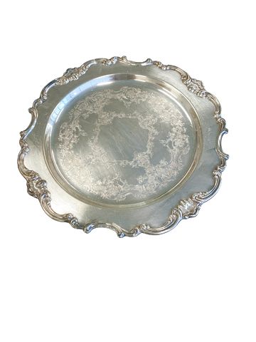 Etched Round Silver Plated Victorian Style Serving Tray 15"rd