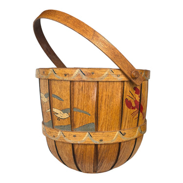 Antique folk art ocean-theme painted apple basket w/ red interior, 18" h (to han