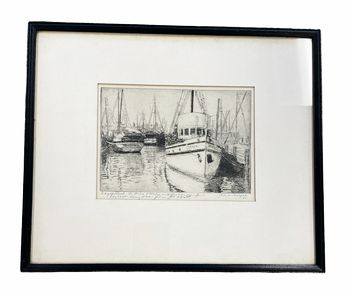 "Day of Rest," signed/numbered engraving of boats in harbor, 10.75x12.75"