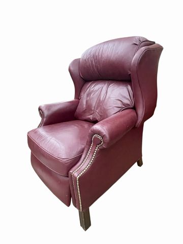 Bradington Young burgundy leather wingback recliner chair, 44H 33.5W 34D