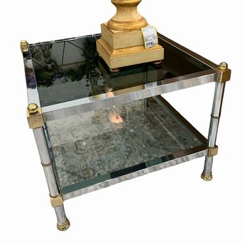 PAIR of square Maison Jansen smoked-glass-top vintage chrome/brass side tables