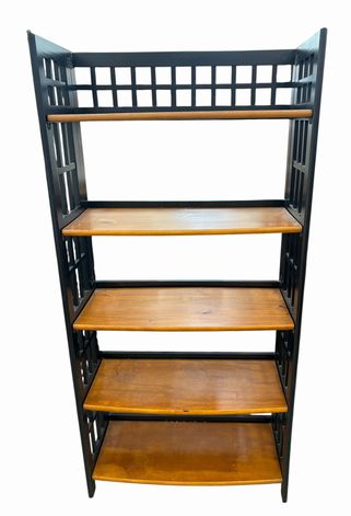 Black lattice 5-tier folding bookcase w/ natural wood shelves, 60" h, 29" w, 12.