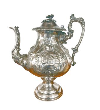 Antique embossed silverplate teapot, 10.5" h