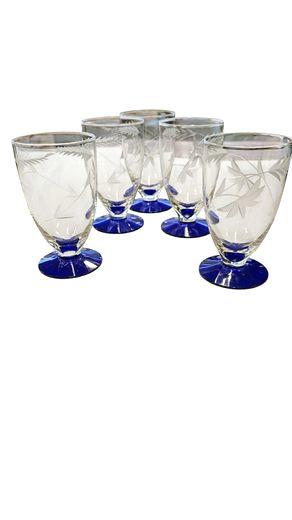 5pc Set Vintage Cobalt with Clear Etched Juice Glasses 4.5" H