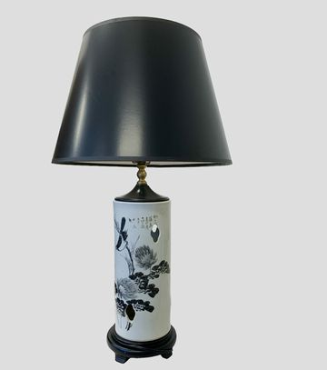 Asian Pierced Cylinder Blk/Wht Lamp, birds&floral, 23.5"H