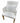 White striated upholstered armchair w/ white waffle pillow, 34.5" h x 22.5 w x 1