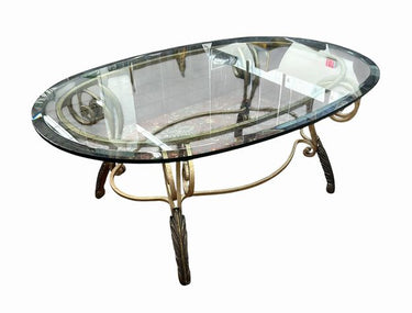 Vintage Oval Beveled Glass Top Coffee Table w/Scrolled Metal Base