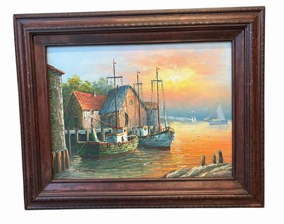 Framed original oil on canvas of harbor scene, 17.5x21.25"