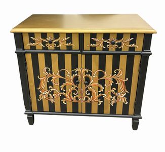 Black/gold striped chest w/ foliate design, 36" w x 18" d x 34" h
