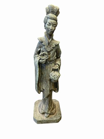 Asian lady w/ basket of flowers statue, verdigris 26.25H