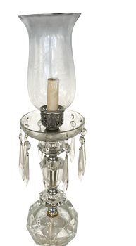 PAIR of glass electric hurricane lamps w/ crystals, 17.75" h