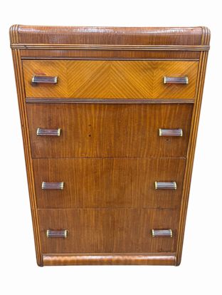 Classic Art Deco waterfall chest of drawers w/ tortoiseshell pulls, 48" h, 30.75