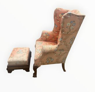 18th-century light coral floral George II wingback w/ ottoman, 47.5" h, 34" w, 2