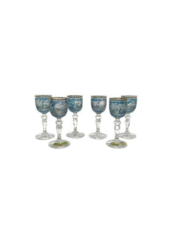 Set of 6 cut to clear blue/gold crystal cordials, 4"H