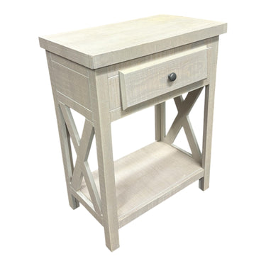 2-tier beige single-drawer nightstand w/ X-pattern side panels, 29.5" h, 22.7